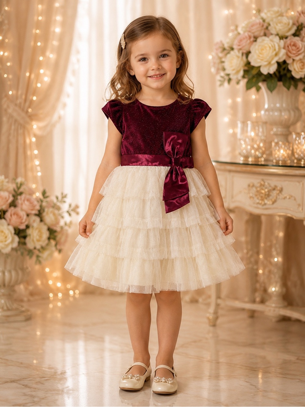 Jona Michelle Girls 4T Burgundy Ivory Tiered Tulle Party Dress Bow EUC